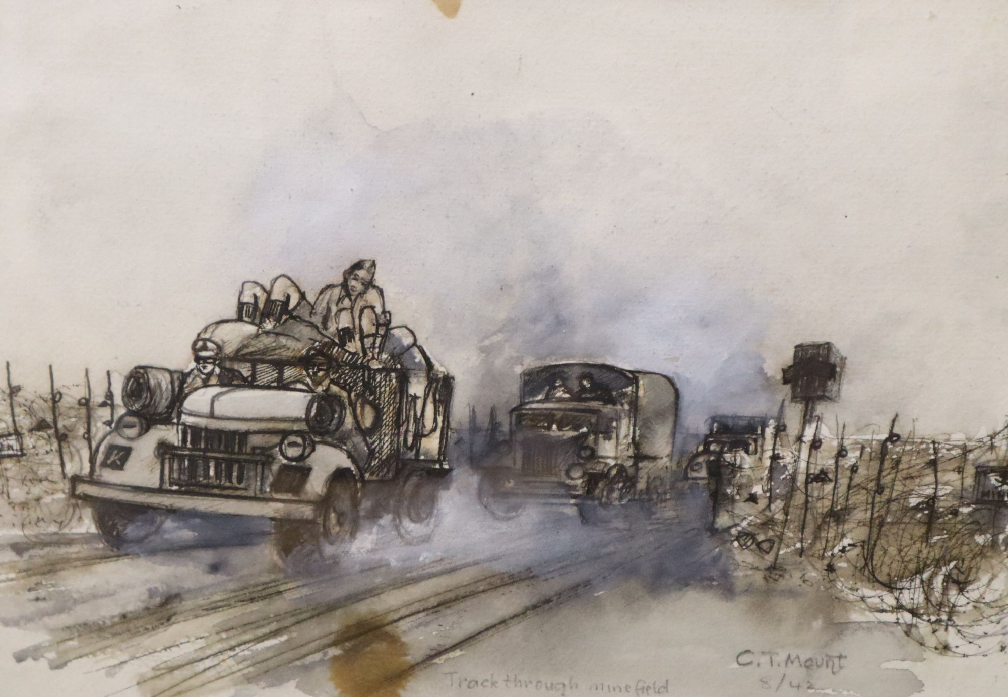 Cyril Mount (1920-2013), pencil drawing and ink and wash study, Brew Up, 9/42 and Track through a mine field, 8/42, 18 x 25cm